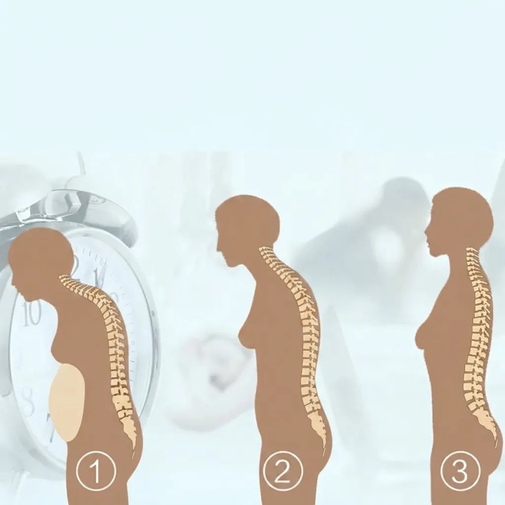 Three side-profile human silhouettes labeled ①, ②, and ③ with highlighted spinal curvatures, shown against a pale blue background with a blurred alarm clock and indistinct figures in the background.