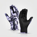 A pair of winter gloves shown front and back on a light gray studio background. One glove is shown palm-up with a black and light purple digital camouflage pattern, and the other is shown palm-down with a black textured grip surface.