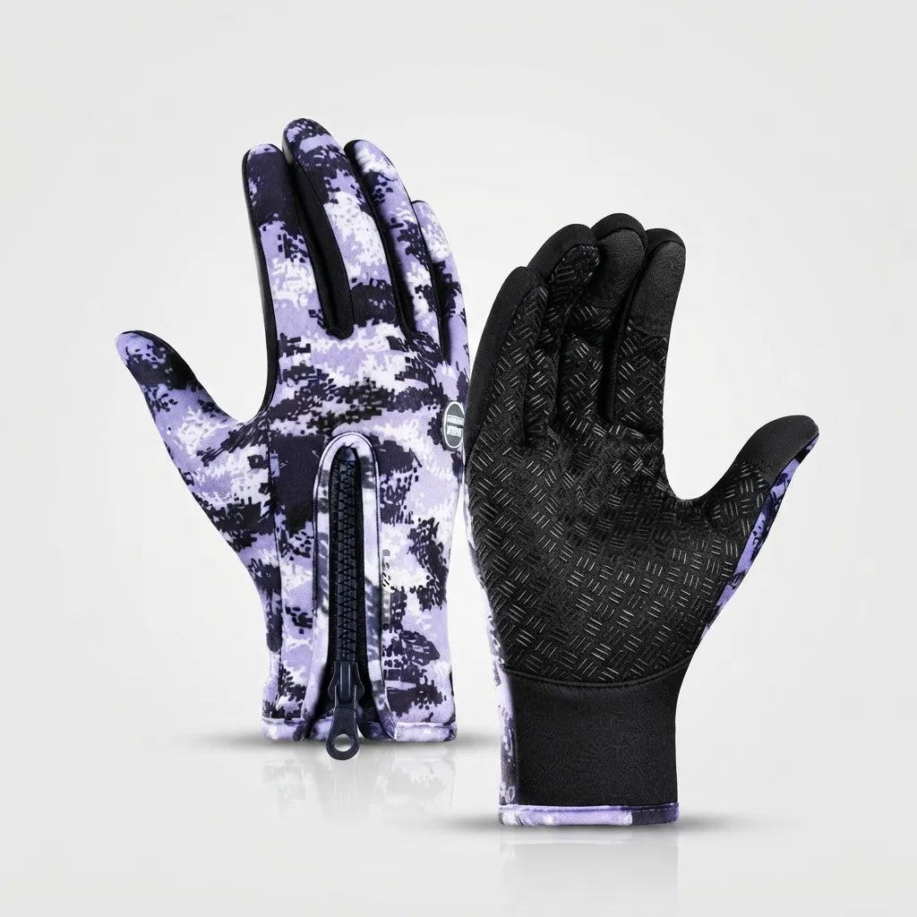 A pair of winter gloves shown front and back on a light gray studio background. One glove is shown palm-up with a black and light purple digital camouflage pattern, and the other is shown palm-down with a black textured grip surface.