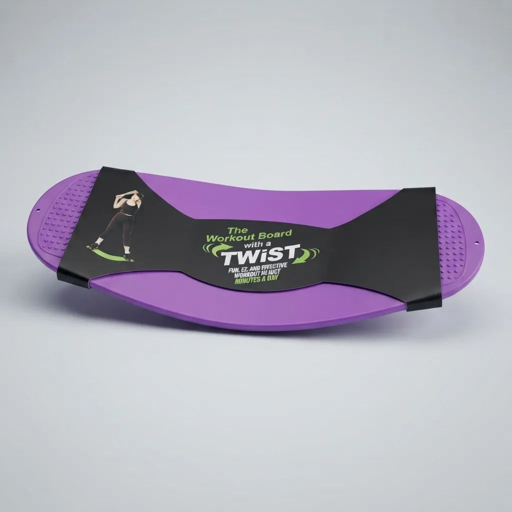 A purple balance board with a black central strap featuring the brand name 'Twist' and product details, photographed on a light gray background.