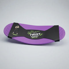 A purple balance board with a black central strap featuring the brand name 'Twist' and product details, photographed on a light gray background.