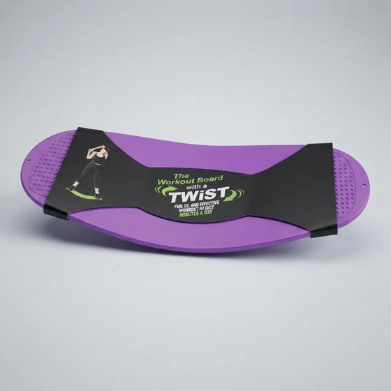 A purple balance board with a black central strap featuring the brand name 'Twist' and product details, photographed on a light gray background.