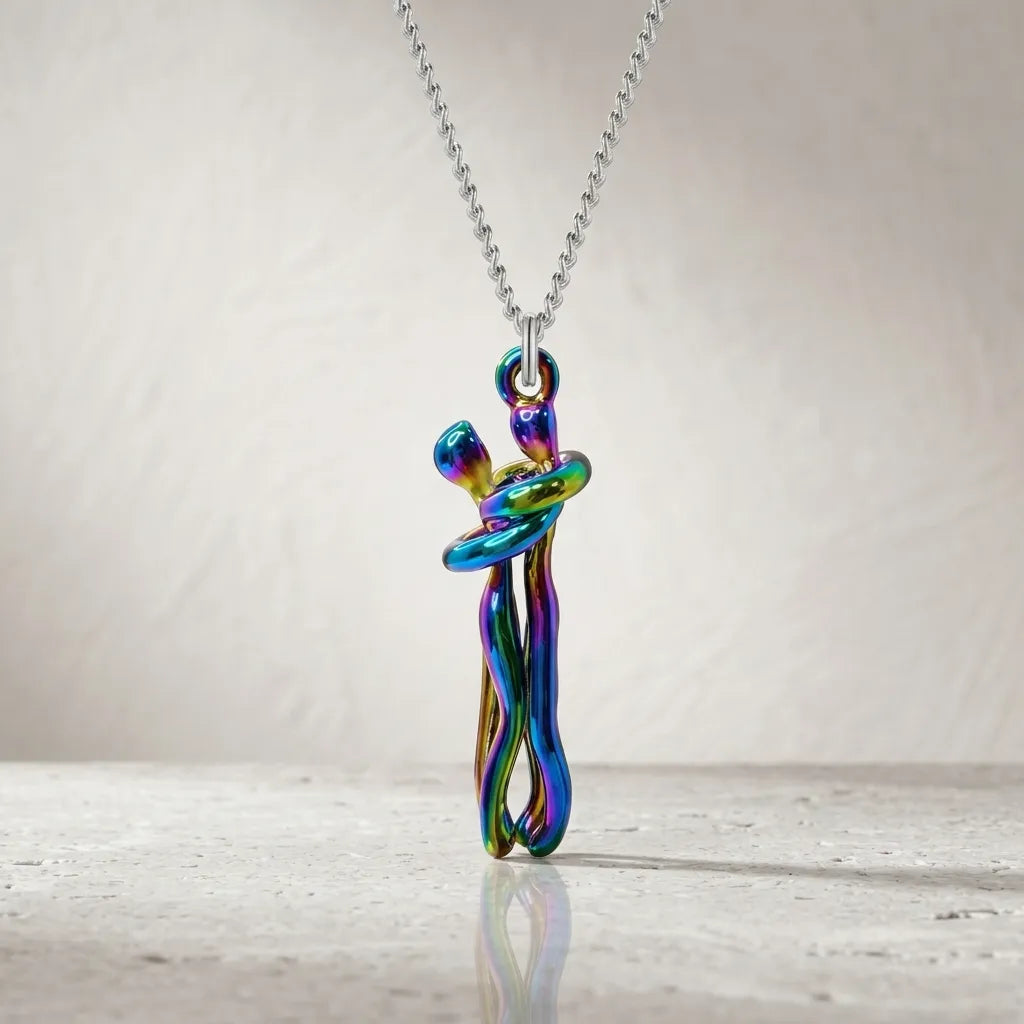 A silver ball-chain necklace with an abstract, swirling pendant in a metallic iridescent finish that shifts between blue, green, purple, and gold, displayed on a light textured surface.