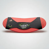 A red balance board with a black central strap and green and white text that reads 'The Workout Board with a TWIST'.