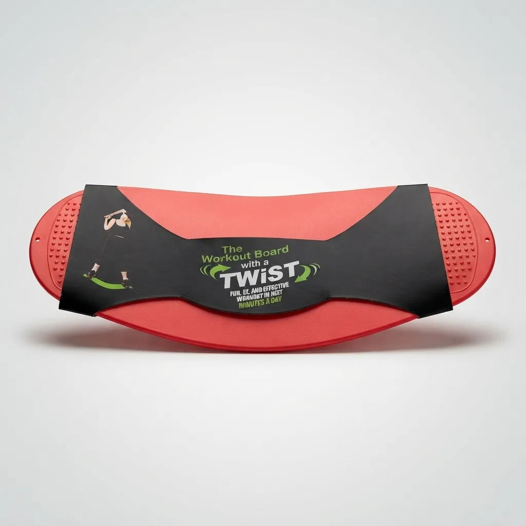 A red balance board with a black central strap and green and white text that reads 'The Workout Board with a TWIST'.