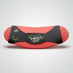 A red balance board with a black central strap and green and white text that reads 'The Workout Board with a TWIST'.