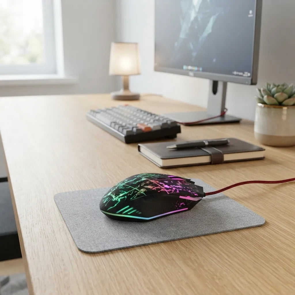 A gaming mouse with RGB lighting resting on a gray desk mat on a wooden desk, with a keyboard, notebook, and monitor in the background.