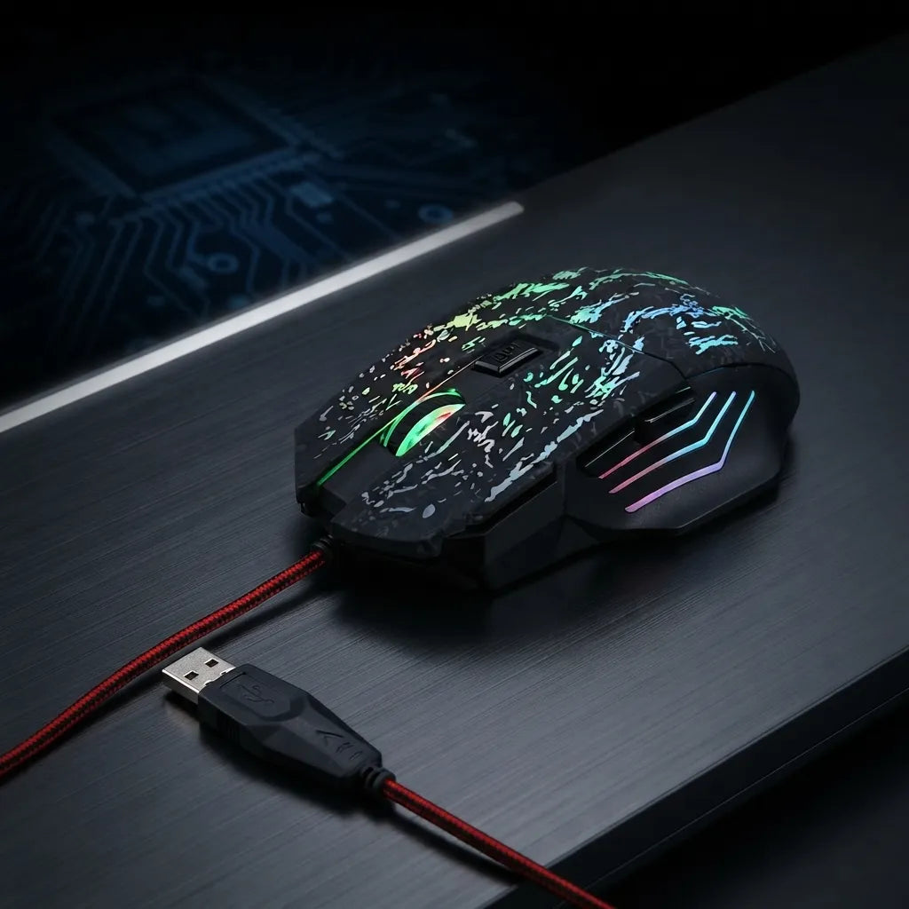 A black gaming mouse with vibrant RGB rainbow lighting and a red cable, resting on a dark desk surface.