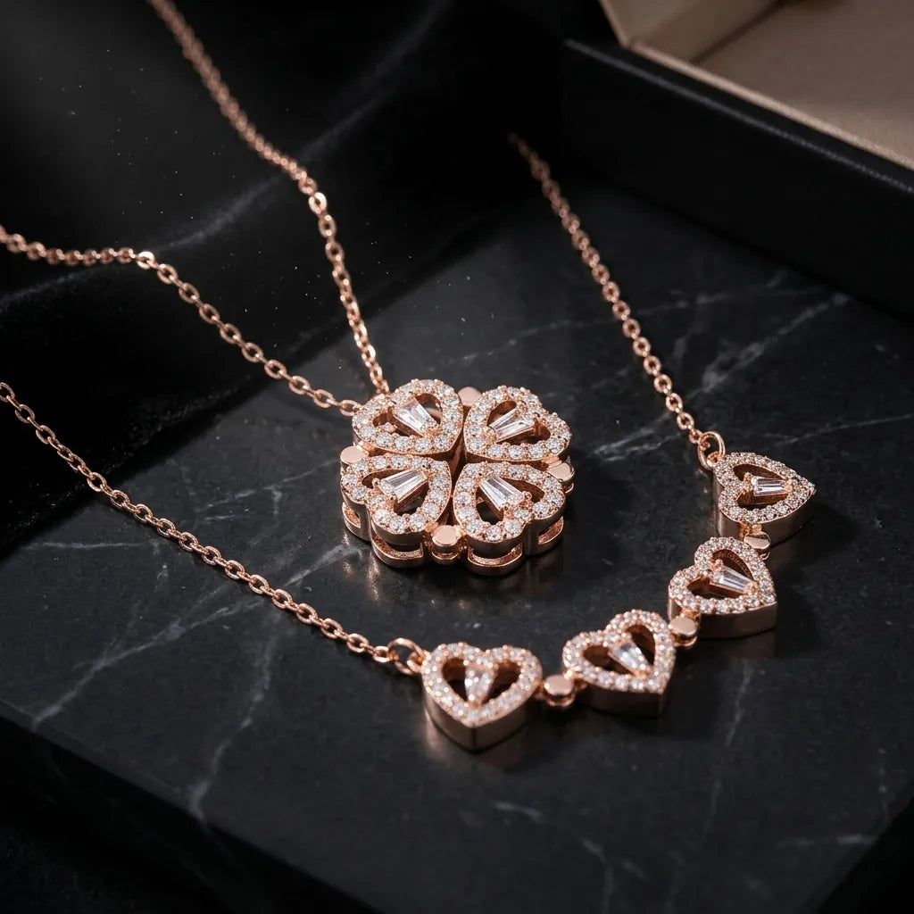 Rose gold necklace set featuring a floral clover pendant and a heart-link chain, displayed on a black marble surface.