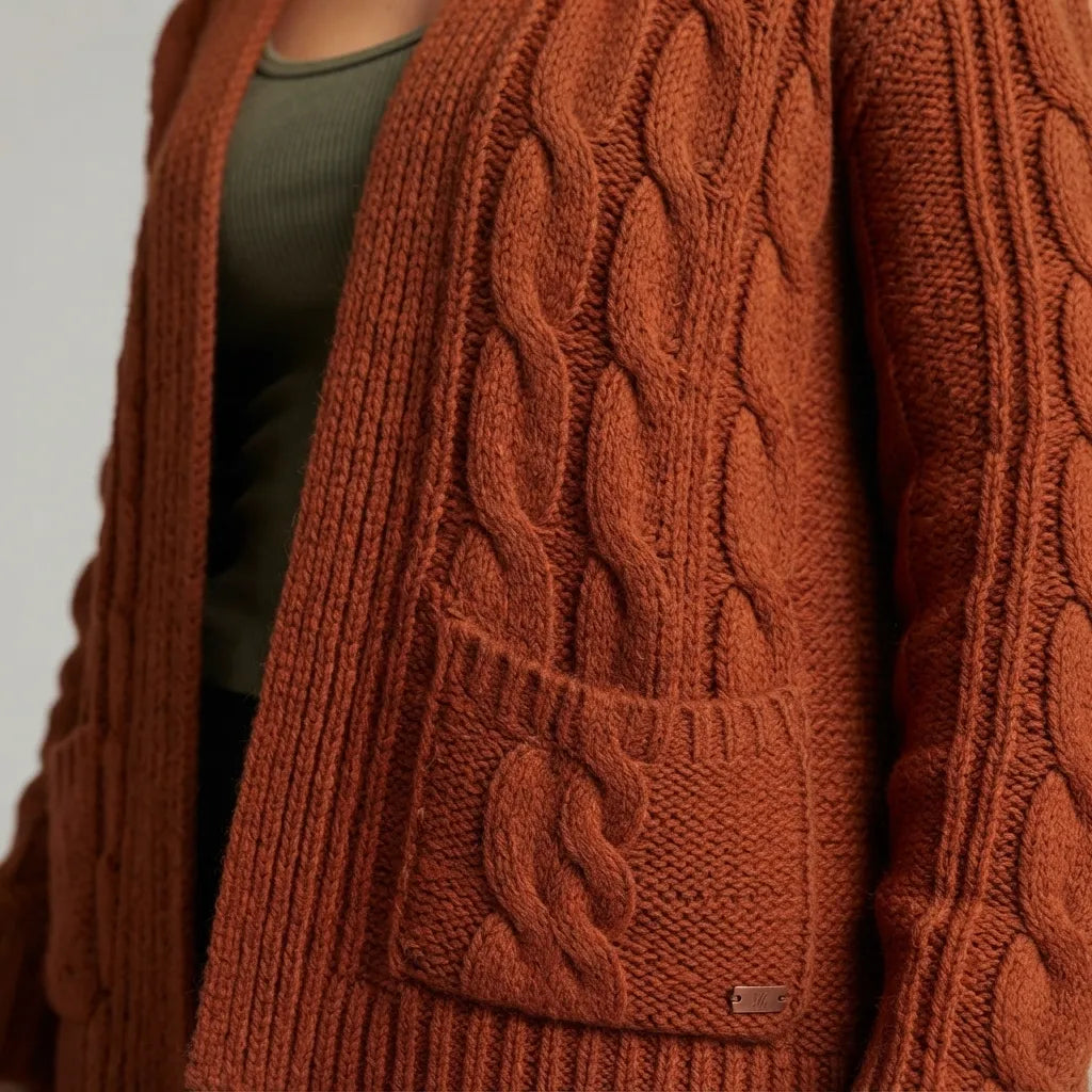 Close-up of a person wearing a chunky cable-knit cardigan in a warm rust orange color, layered over an olive green top. The cardigan features a large front patch pocket with matching cable knit detailing and a small metal brand tag.
