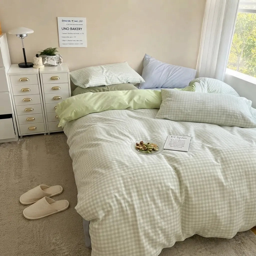 A neatly made bed in a bright bedroom setting, featuring a pale green and white gingham checkered duvet cover and matching pillowcases, with a light green throw blanket and a light blue pillow. A white nightstand with gold handles, a lamp, and a small sign reading 'UNO BAKERY' are visible on the left, and a window with sheer curtains is on the right.