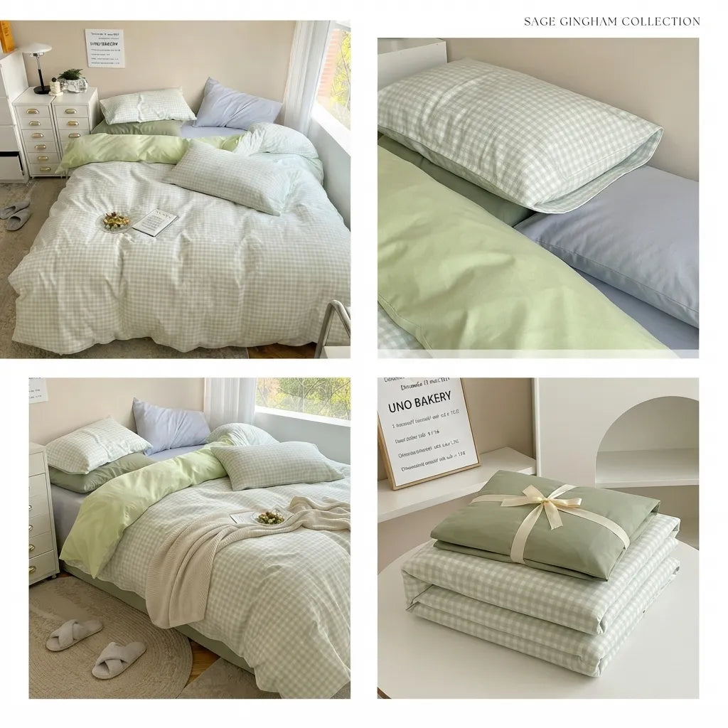 A four-panel collage showing sage green and white gingham bedding in a bedroom setting, including full bed views and folded stack views, with the text 'SAGE GINGHAM COLLECTION' at the top right.