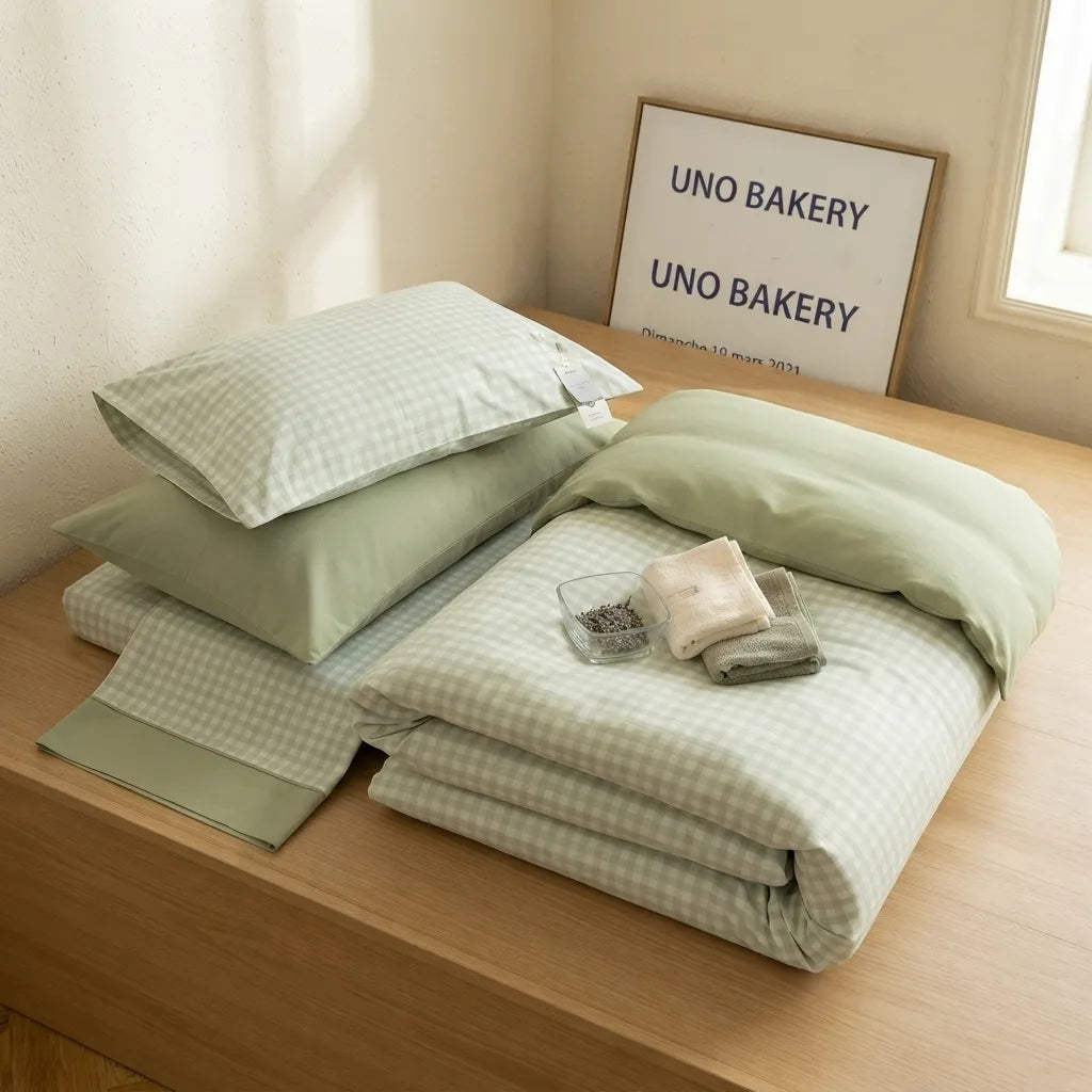 A neatly made bed with pale sage green and white gingham bedding, including pillows, a folded duvet, and a matching sheet, placed on a light wood bed frame in a softly lit room. A framed sign reading 'UNO BAKERY' stands behind the bed, and a small folded towel or cloth rests on top.