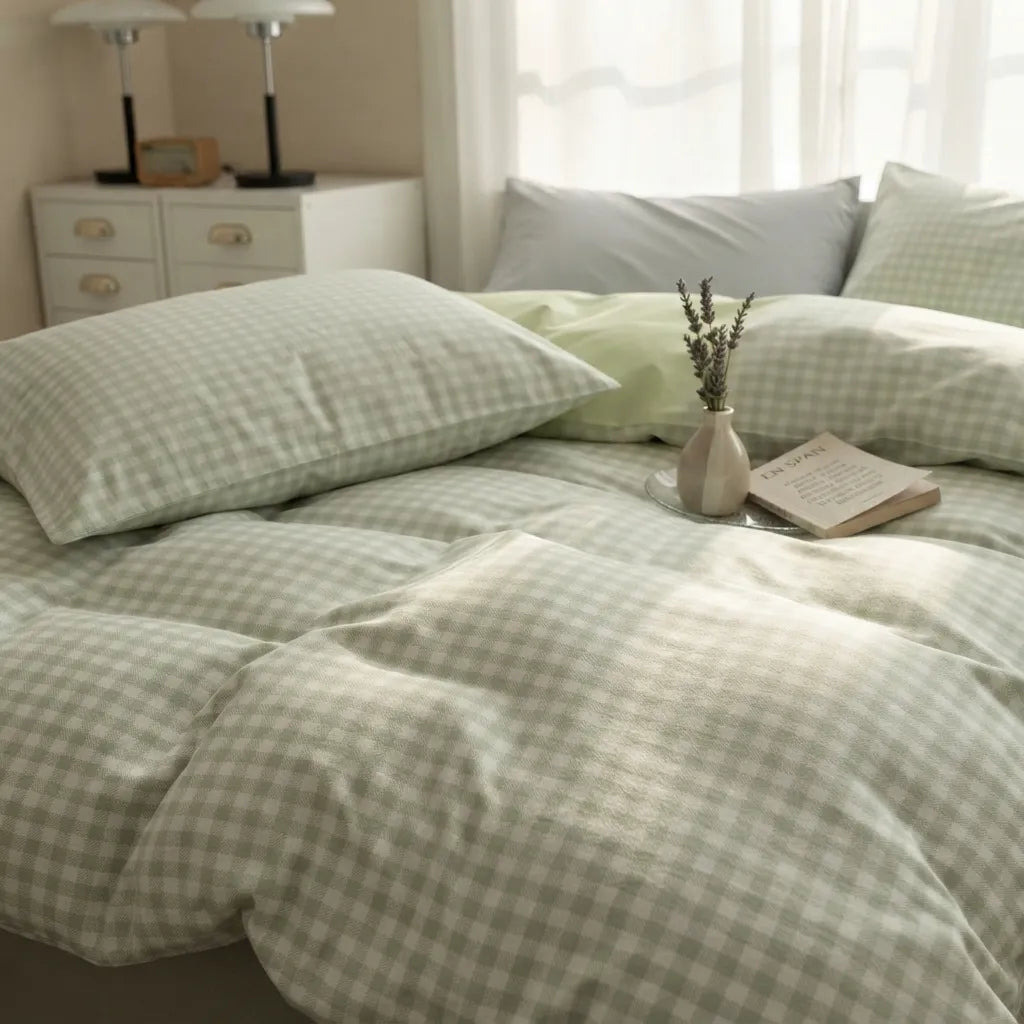 A bed dressed in a pale sage green and white gingham check bedding set, styled with matching pillows, a small vase with dried stems, and an open book in a softly lit bedroom.