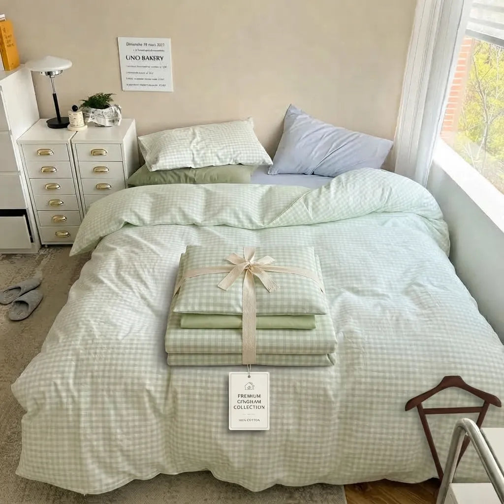 A neatly made bed in a bright bedroom setting, styled with a pale sage green and white gingham check bedding set. A folded matching pillowcase or sheet bundle tied with a cream ribbon sits on the bed, alongside a hanging product tag.