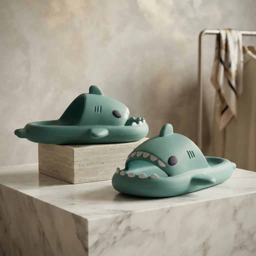 A pair of shark-shaped slide sandals in a muted teal-green color, displayed on a white marble pedestal with a textured beige background.