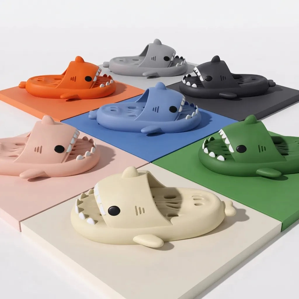 Six cartoon shark-shaped slide sandals arranged on a white background, each placed on a different colored square tile. The sandals are orange, gray, black, pink, blue, and green.