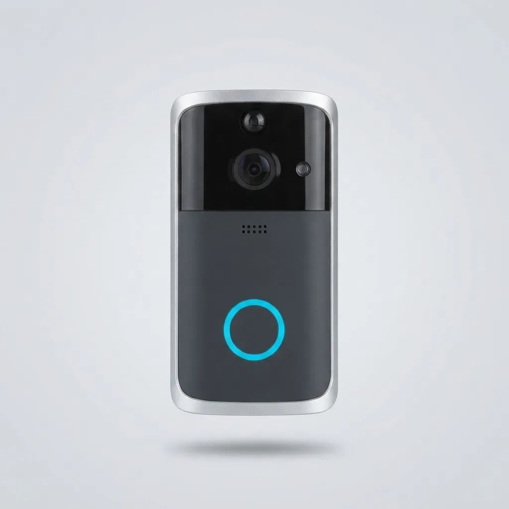A modern smart video doorbell with a black and dark gray face, silver metallic edges, a central camera lens, and a glowing blue circular indicator light, shown floating against a light gray background.