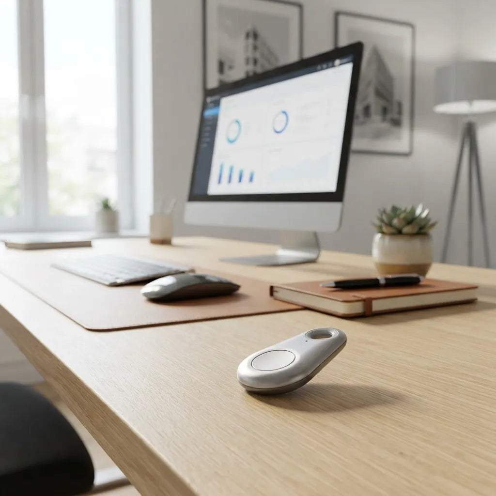 A silver oval smart key fob lies on a light wood desk in a bright home office setting, with a computer monitor, keyboard, mouse, notebook, and small succulent in the background.