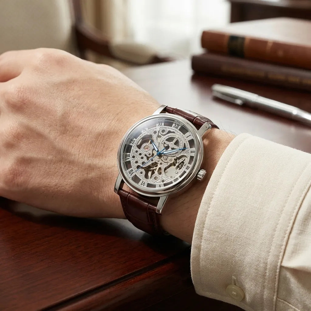 A wrist wearing a skeleton-style analog watch with a brown leather strap and silver-toned case, resting on a wooden desk with books and a pen in the background.