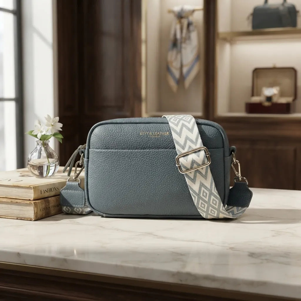 A Givenchy crossbody bag in textured blue leather with a patterned strap, displayed on a marble countertop in a warm, elegant interior setting.
