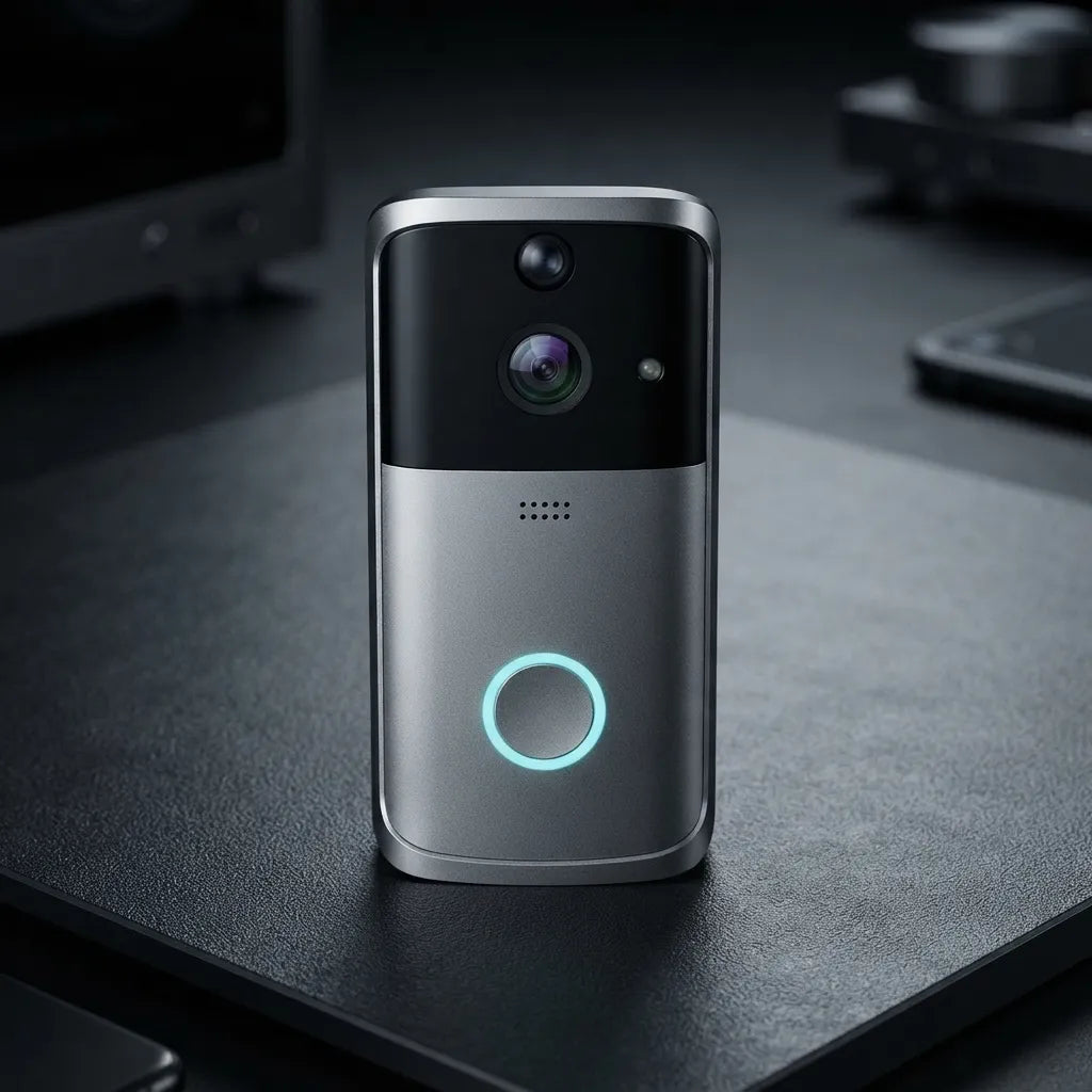 A modern wireless video doorbell with a silver and black finish, standing on a dark desk. It features a glowing blue circular light on the front, a central camera lens, and a small speaker grille.