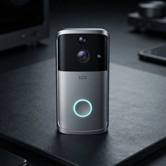 A modern wireless video doorbell with a silver and black finish, standing on a dark desk. It features a glowing blue circular light on the front, a central camera lens, and a small speaker grille.