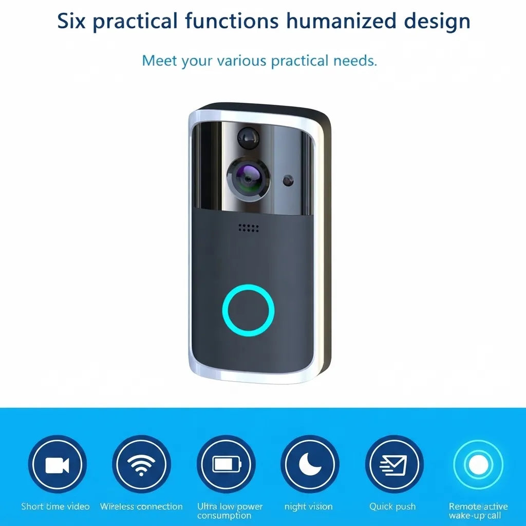 A smart video doorbell with a black and silver body and a glowing cyan circular button, shown on a white background with marketing text at the top and feature icons along the bottom.