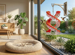 A decorative spiral bird feeder hanging from a wall mount by a large window in a bright modern room. The feeder has a clear acrylic body with red spiral panels and small yellow star accents, with two hummingbirds flying around it.