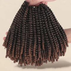 A hand holding up a bundle of dark brown to black twist loc braids with warm brown highlights, labeled with red text '1B/30' on a solid beige background.