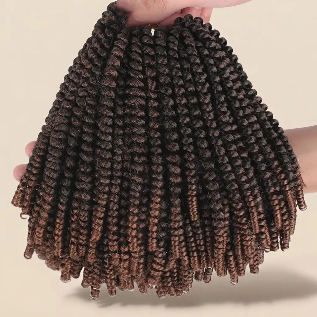 A hand holding up a bundle of dark brown to black twist loc braids with warm brown highlights, labeled with red text '1B/30' on a solid beige background.