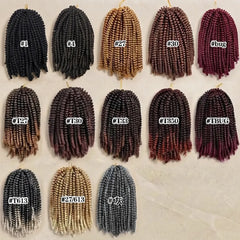 Twelve braided hair extensions or wig bundles arranged in a 3-by-4 grid on a light beige marble-like surface. Each bundle is labeled with a color code such as #1, #4, #27, #30, #bug, #127, #130, #133, #1350, #1BUG, #1613, #27613, and #77.