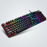 A black mechanical gaming keyboard with vibrant RGB rainbow backlighting, shown at an angle on a light gray background.
