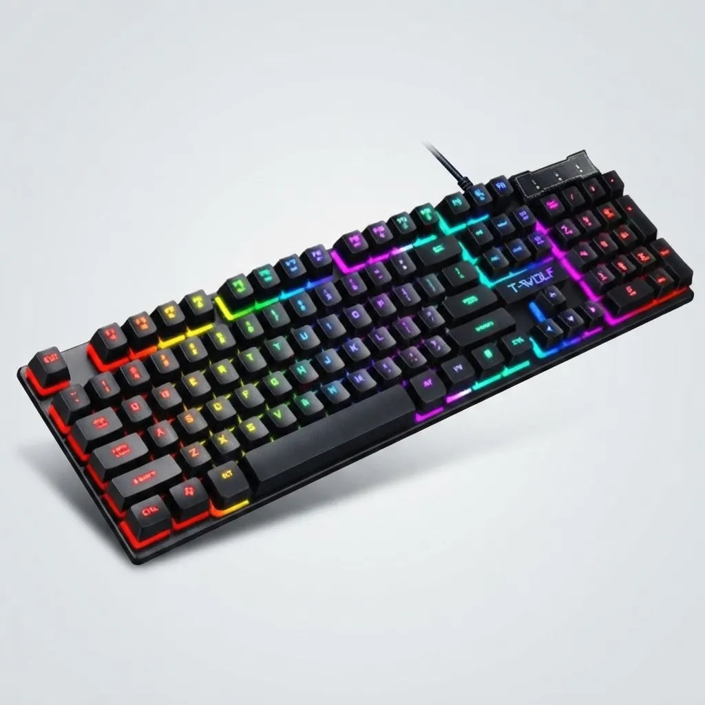 A black mechanical gaming keyboard with vibrant RGB rainbow backlighting, shown at an angle on a light gray background.