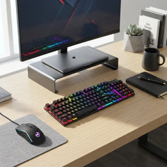 A black mechanical keyboard with vibrant rainbow RGB backlighting sits on a light wood desk next to a matching gaming mouse on a gray mousepad. The desk setup is styled with a monitor on a silver riser, a notebook, and a small succulent.