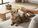 A brown tabby cat lies on a light gray sofa while a person holds a beige pet grooming brush with orange bristles against its back. The scene is set in a bright, modern living room with a wooden coffee table and potted plants in the background.