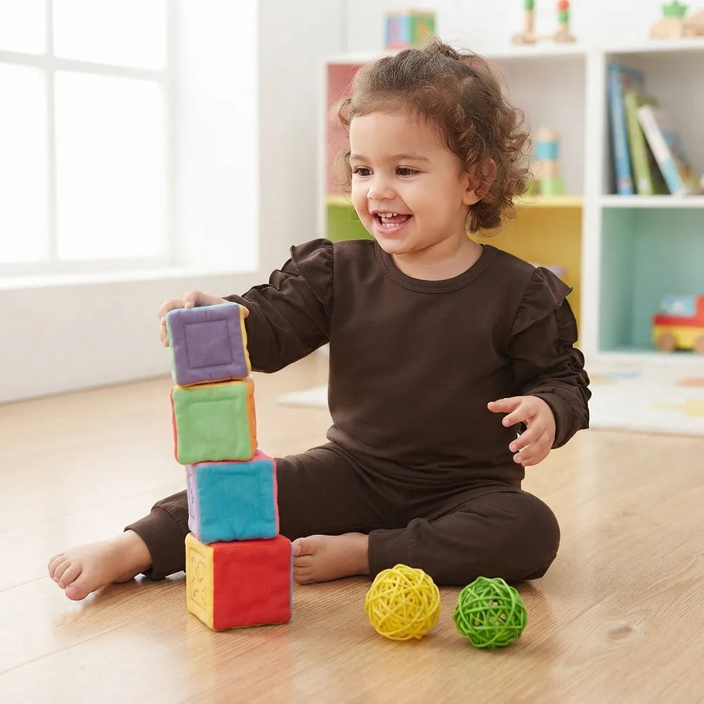 A toddler sitting on a wooden floor in a bright room, smiling while stacking colorful soft blocks on a tower. The child is wearing a dark brown long-sleeve outfit, and two small woven balls are on the floor nearby.