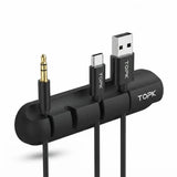 A black multi-port USB-C cable organizer with integrated audio jack, featuring three USB-C connectors and one gold-plated 3.5mm jack, branded with TOPK on a white background.