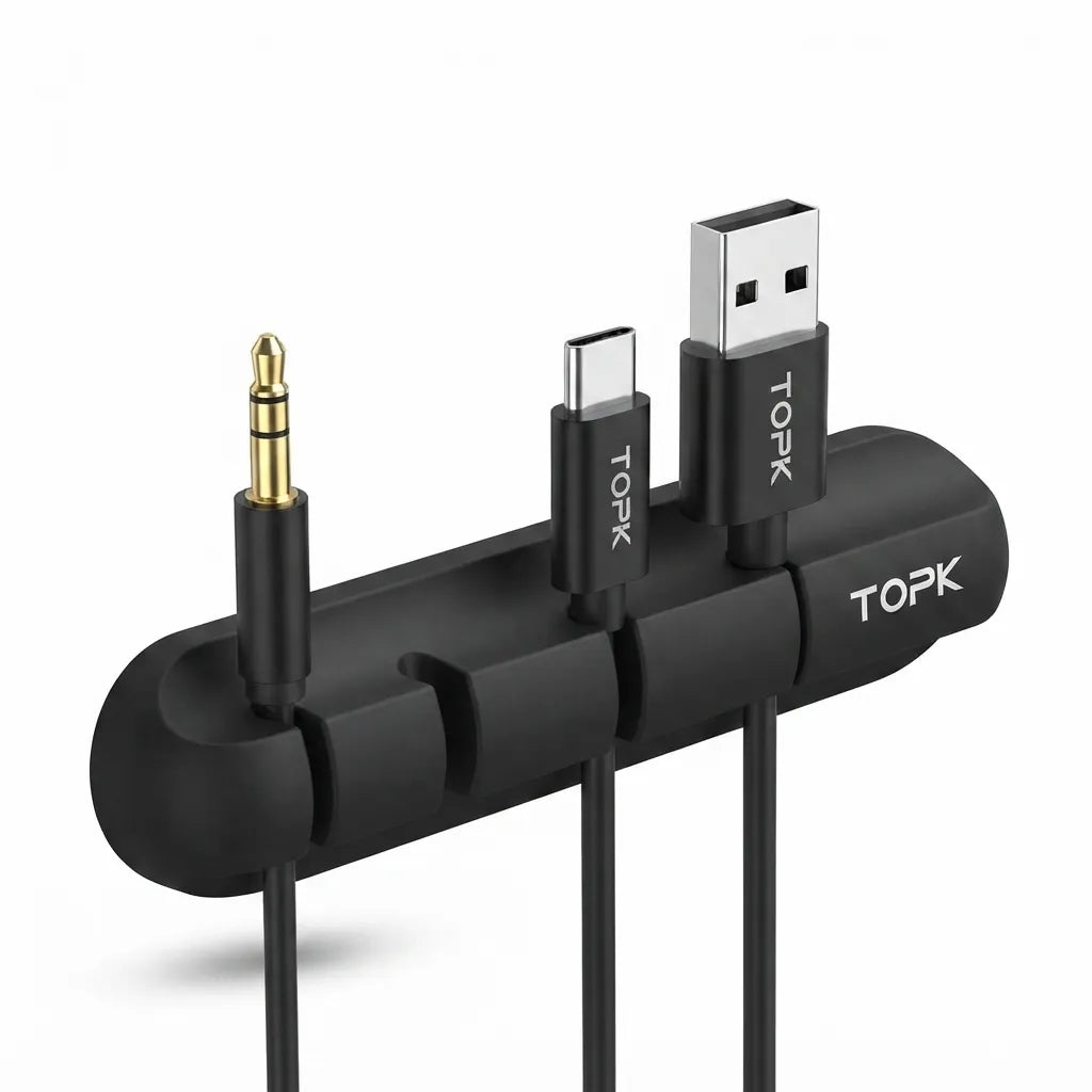A black multi-port USB-C cable organizer with integrated audio jack, featuring three USB-C connectors and one gold-plated 3.5mm jack, branded with TOPK on a white background.