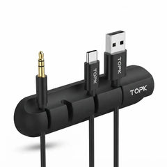 A black multi-port USB-C cable organizer with integrated audio jack, featuring three USB-C connectors and one gold-plated 3.5mm jack, branded with TOPK on a white background.