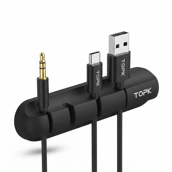 A black multi-port USB-C cable organizer with integrated audio jack, featuring three USB-C connectors and one gold-plated 3.5mm jack, branded with TOPK on a white background.
