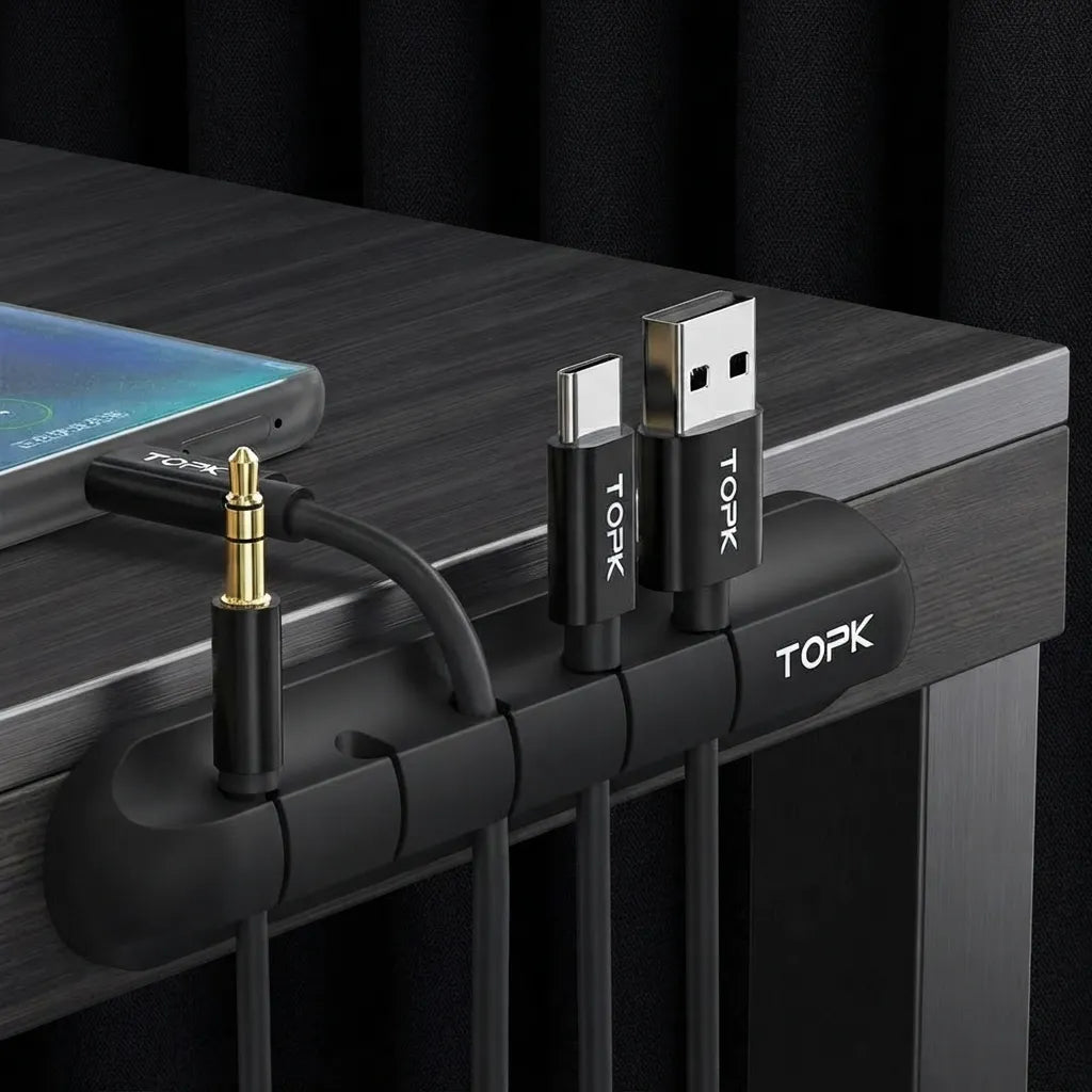 A black TOPK cable organizer clip mounted on a dark wood desk, holding a 3.5mm audio jack, a USB-C cable, and a USB-A cable.