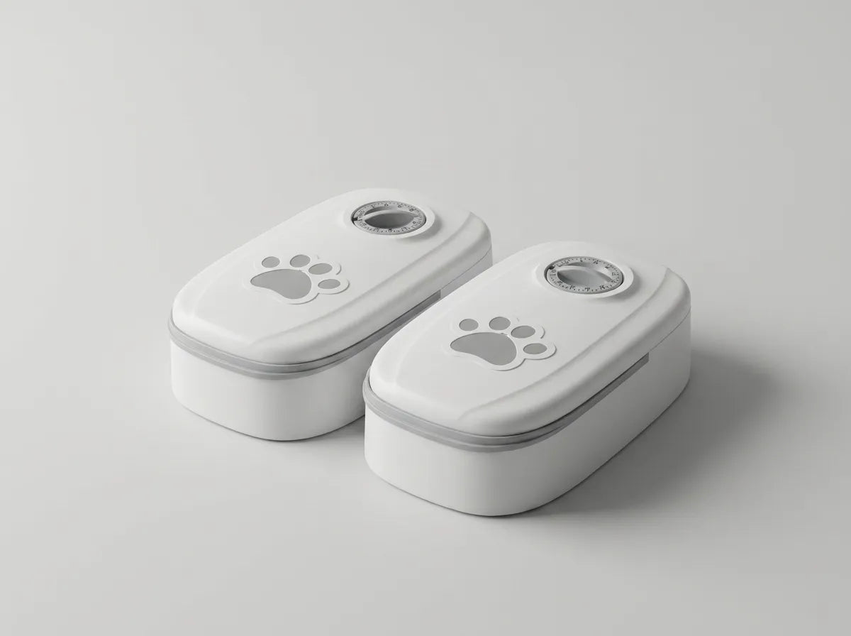 Two small white rectangular containers with rounded corners, shown on a light gray studio background. Each container has a gray paw print graphic on the lid and a circular clear window near the top.