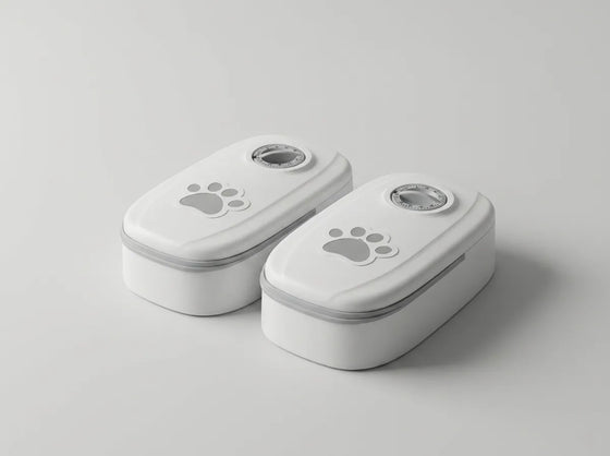 Two small white rectangular containers with rounded corners, shown on a light gray studio background. Each container has a gray paw print graphic on the lid and a circular clear window near the top.