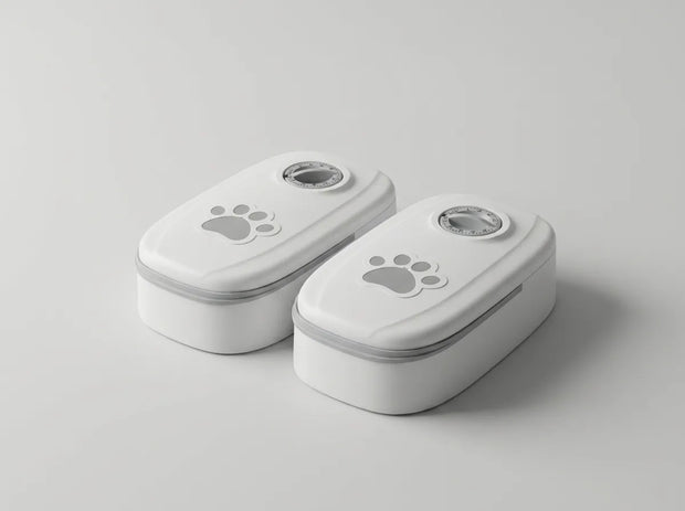 Two small white rectangular containers with rounded corners, shown on a light gray studio background. Each container has a gray paw print graphic on the lid and a circular clear window near the top.