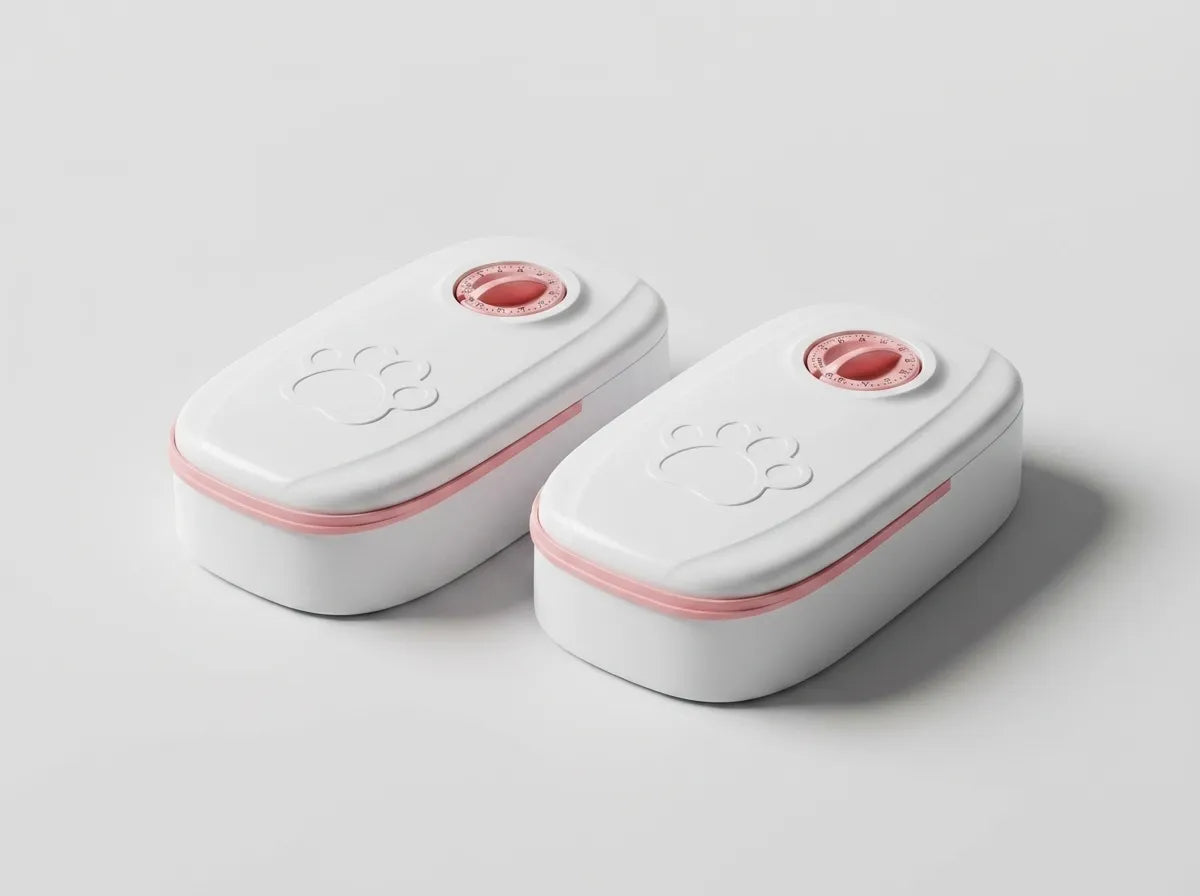 Two white pet training potty bags with pink accents and paw print embossing, shown on a light gray background.