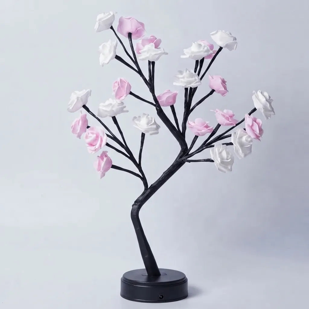 Decorative tree with pink and white flowers on a light gray background