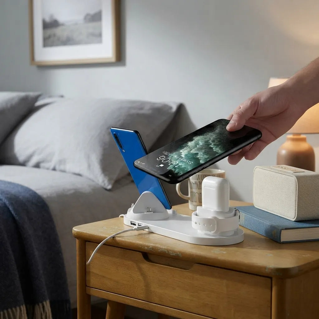A white wireless charging dock sits on a wooden bedside table, charging a white earbud case and a smartphone. A hand holds a blue smartphone above the dock, demonstrating wireless charging.