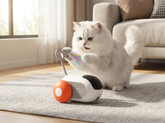 A fluffy white cat plays with a small motorized toy mouse on a light gray rug in a bright living room. The toy is white and black with an orange wheel and a rainbow-colored feather attached.