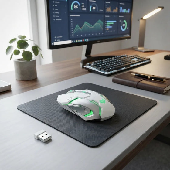 A white gaming mouse with green LED accents rests on a dark gray mousepad on a wooden desk, alongside a small USB receiver. In the background, a computer monitor, keyboard, notebook, and lamp are visible in a modern home office setup.